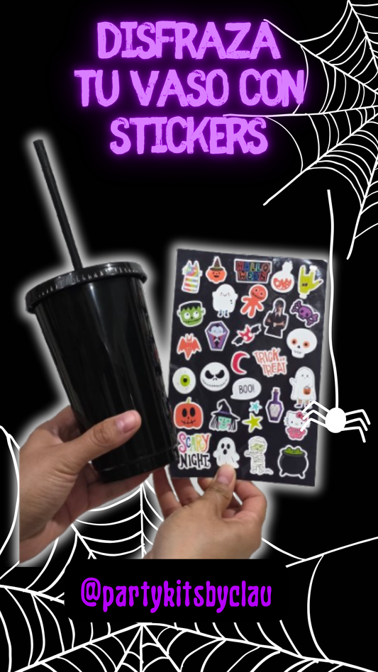 Vaso Negro 16 Oz con planilla de stickers halloween