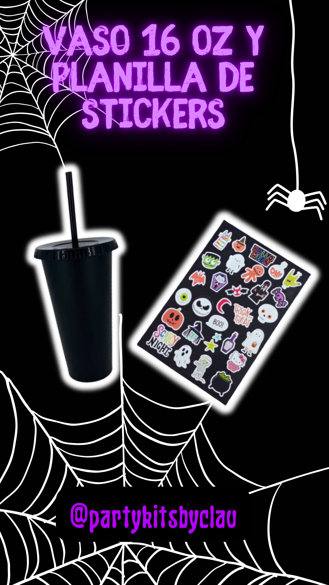 Vaso Negro 16 Oz con planilla de stickers halloween