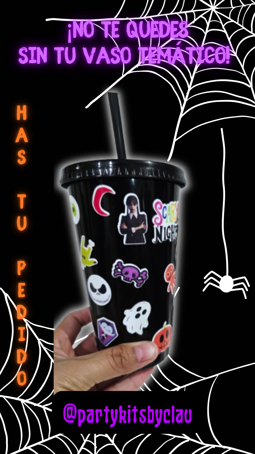 Vaso Negro 16 Oz con planilla de stickers halloween
