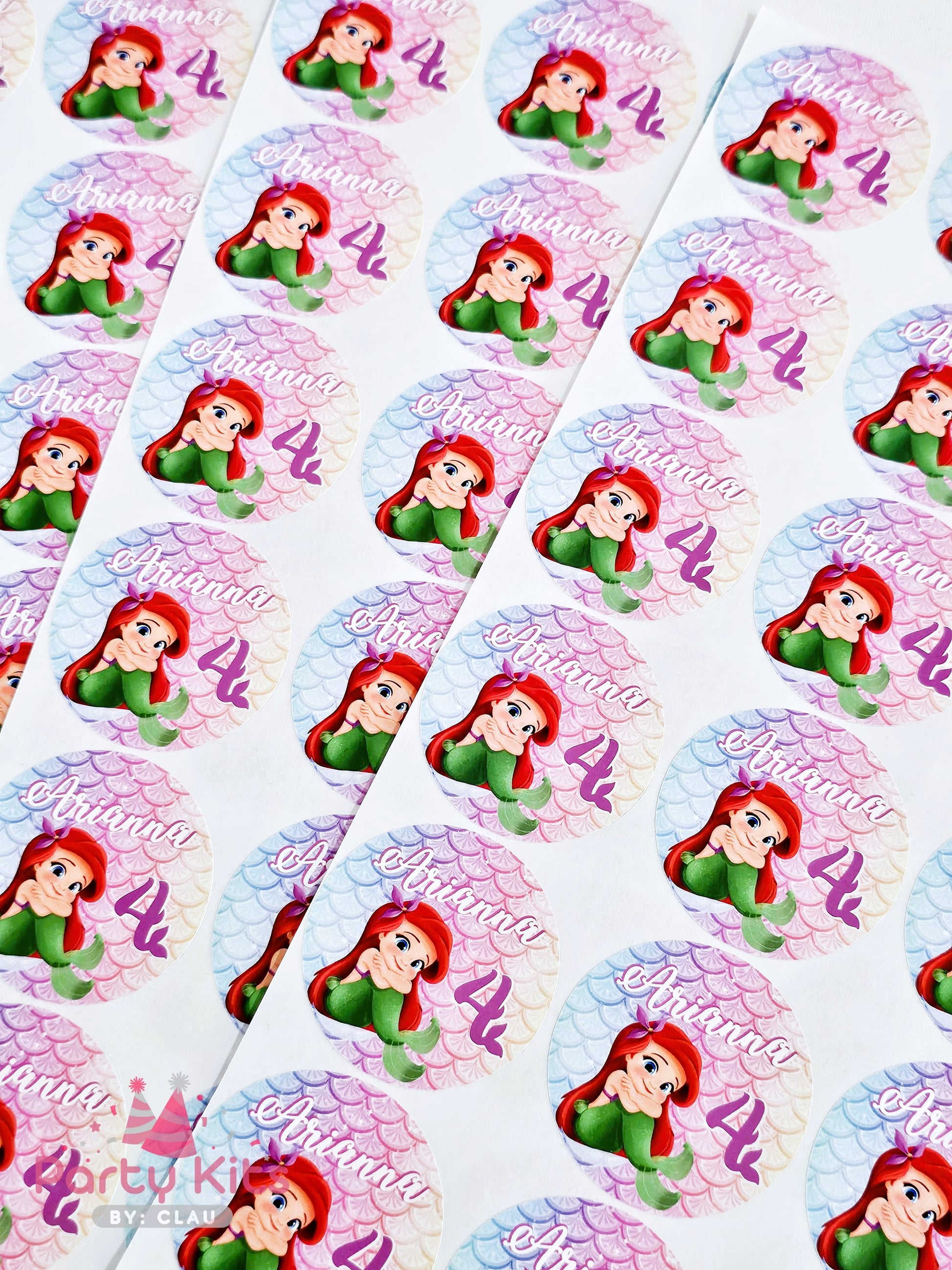 Stickers personalizados con temática de sirena para Kit Básicos para celebrar tu Cumpleaños. Diseño ideal para decorar cajitas para dulces.