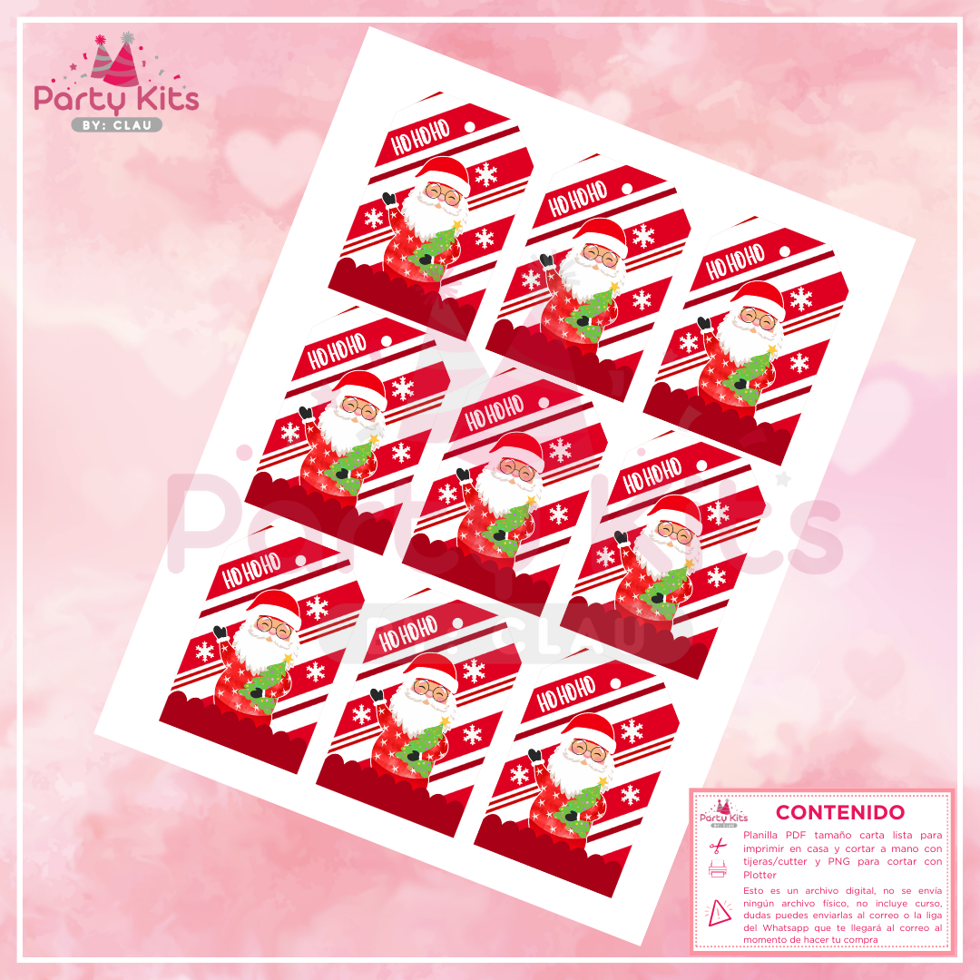 Tags navideños para imprimir, planilla tamaño carta modelo Santa