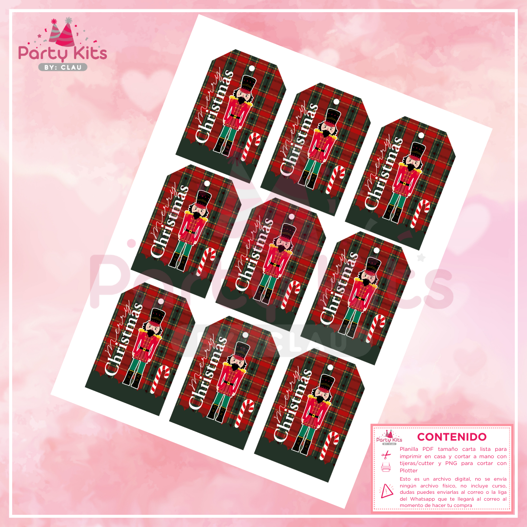 Tags navideños para imprimir, planilla tamaño carta modelo Cascanueces