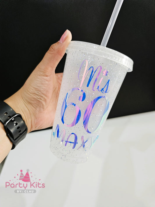 Vaso Glitter 16 Oz personalizado con Vinil