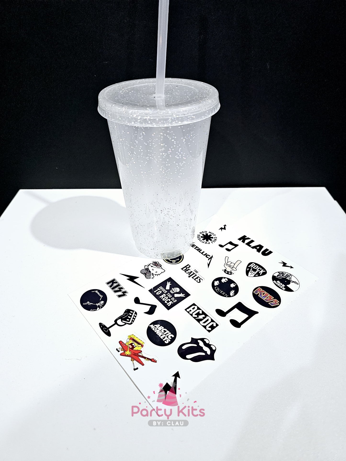 Vaso Glitter 16 Oz con planilla de stickers personalizada