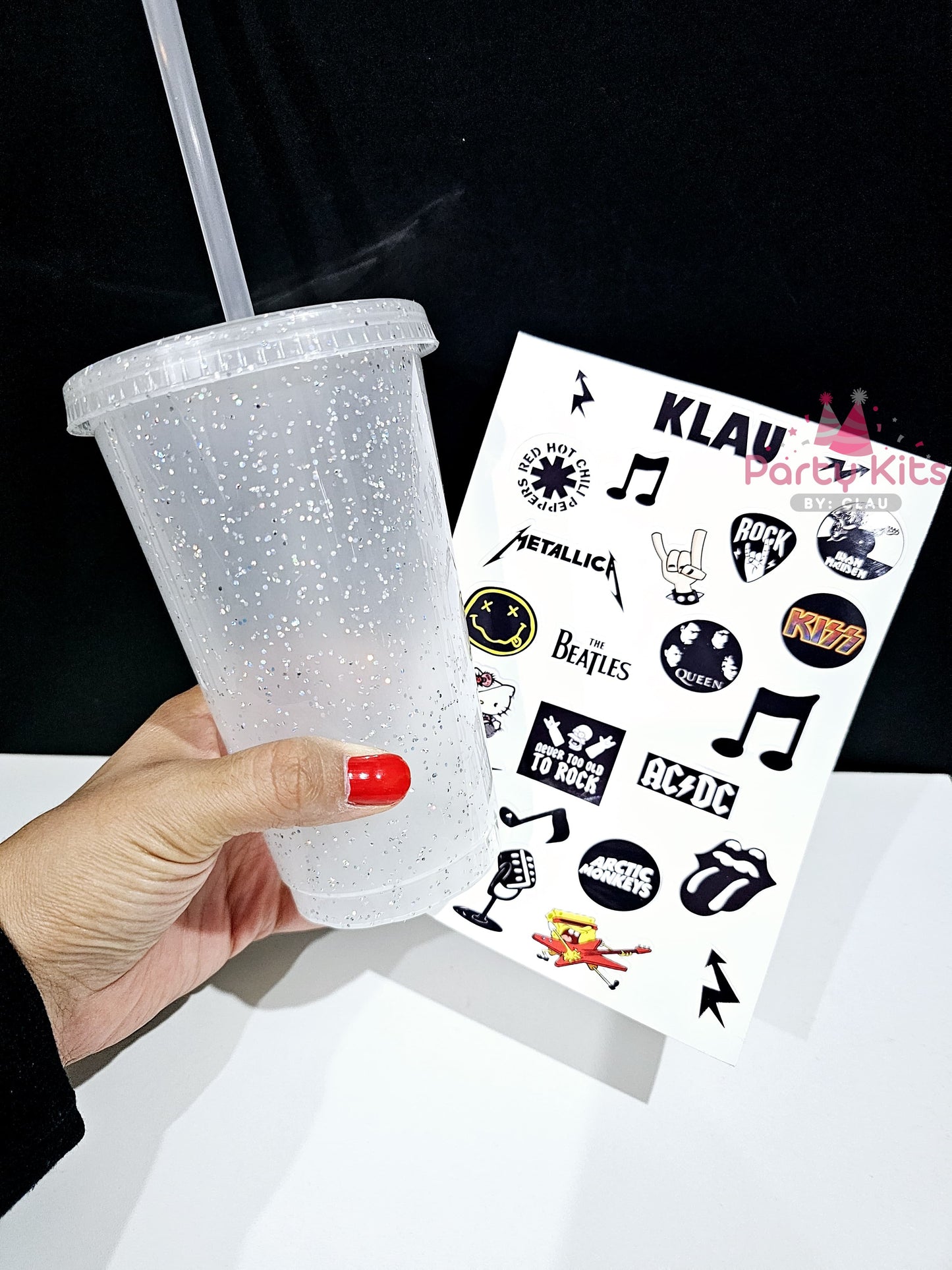 Vaso Glitter 16 Oz con planilla de stickers personalizada
