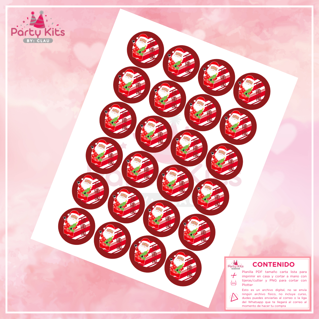 Stickers Navideños para imprimir, planilla tamaño carta modelo Santa