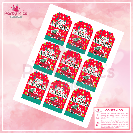 Tags navideños para imprimir, planilla tamaño carta modelo Camioneta