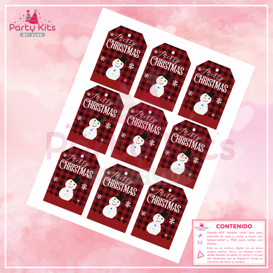 Tags navideños para imprimir, planilla tamaño carta modelo Mono de Nieve