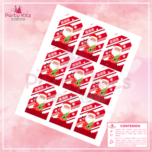 Tags navideños para imprimir, planilla tamaño carta modelo Santa