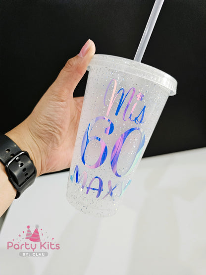 Vaso Glitter 16 Oz personalizado con Vinil